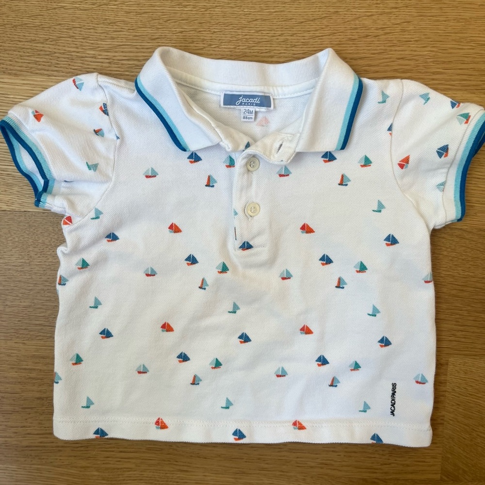 Jacadi Baby Sailboat Print White Collared Polo Shirt Size 24 Months/2 Years